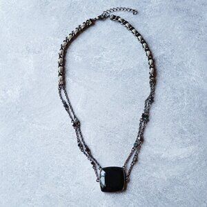 1990s Gunmetal Ribbon Chain Necklace with Faceted Black Stone & Crystals
